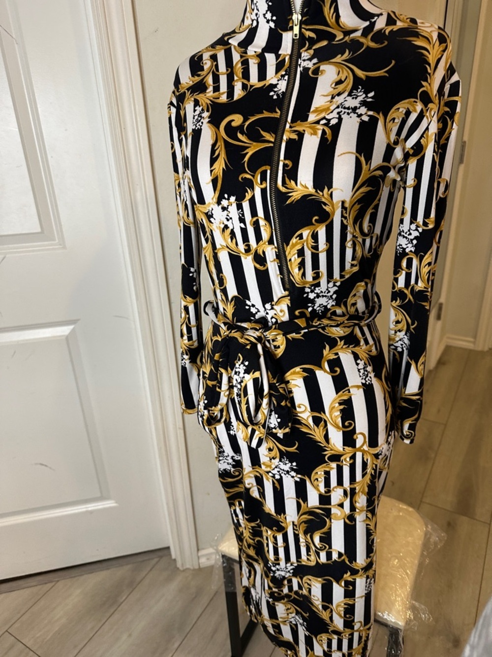 Gold Baroque Print Black & White Striped Long Sleeve Dress